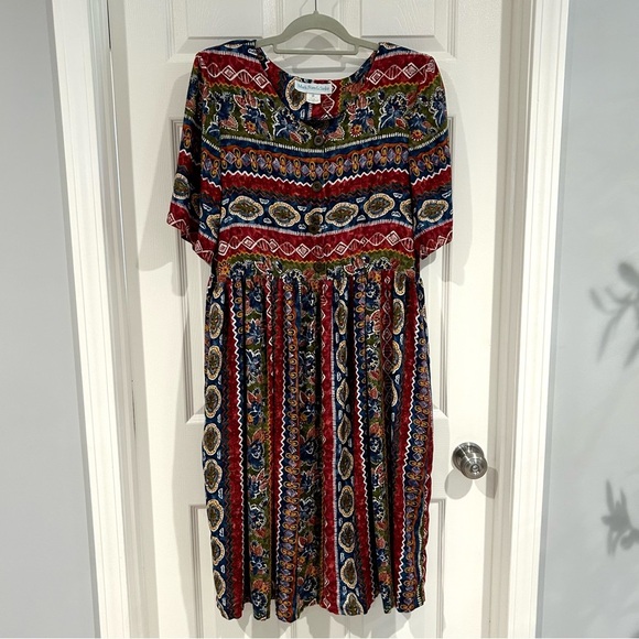 VTG Mark, Fore & Strike Midi Short Sleeve Button Up Dress Sz L Pockets 80s 90s - Picture 1 of 14